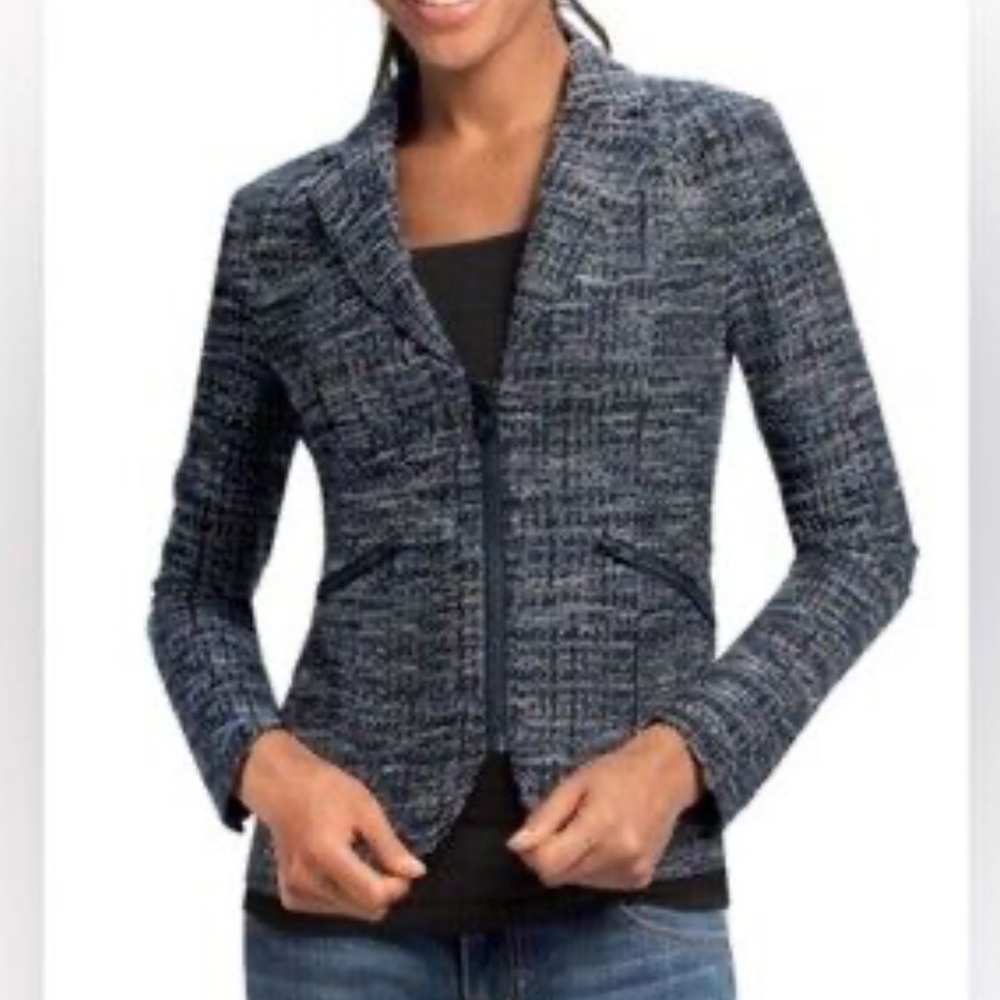 CAbi Navy Blue Tweed Zip Blazer Size 8